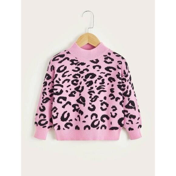 Toddler Kids Knit Leopard Print Pink Black Sweater Top Mock Neck Soft Stretch 2T - Picture 1 of 9